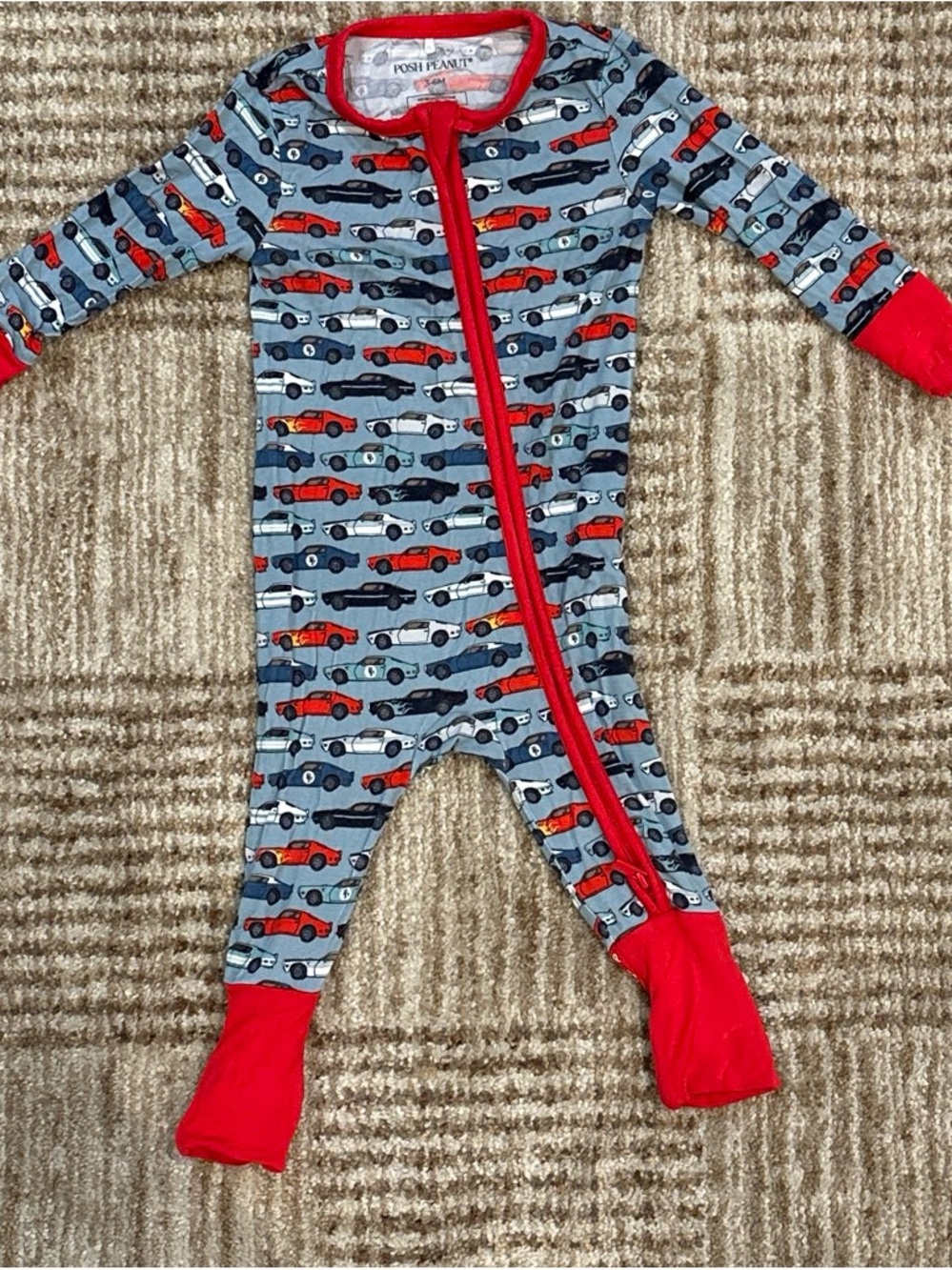 Posh Peanut Blue Car Print Footed One-Piece with Red Trim